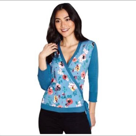 YUMI -Light blue tie-up floral wrap cardigan - Picture 1 of 7